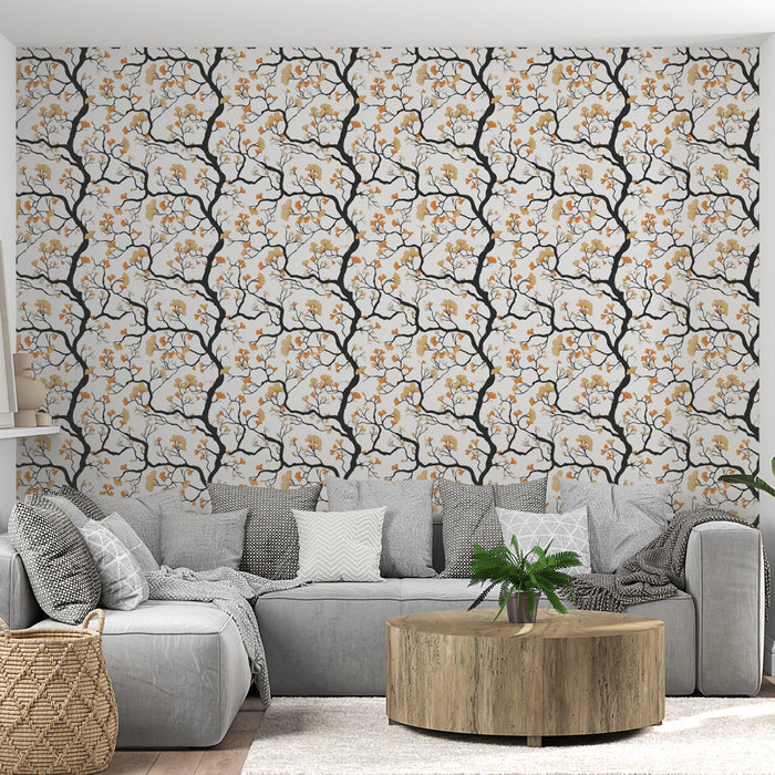 Tapetti kukkivat oksat | Herkkä kuvio mustista oksista ja oransseista kukista valkoisella taustalla