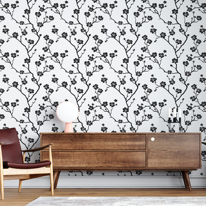 Fototapete florale Zweige | Zartes Motiv von schwarzen Blumen auf weißem Hintergrund