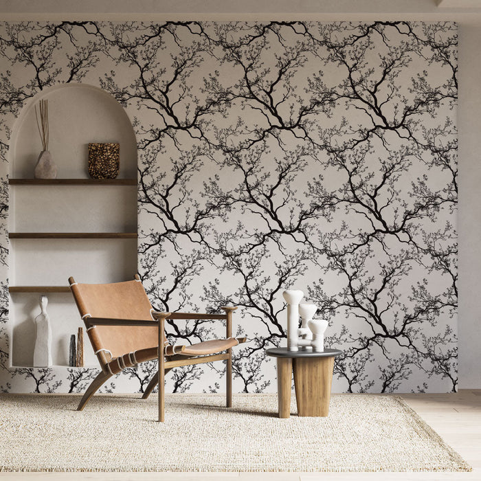 Papel de parede preto galhos | Motivo delicado de galhos entrelaçados em um fundo branco