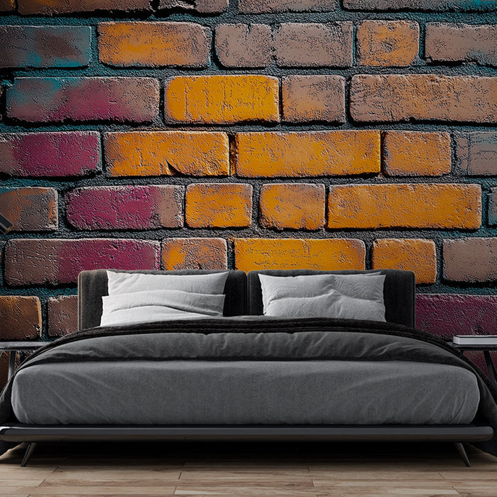 Mural Wallpaper colored brick | Brick wall with shades of orange and purple