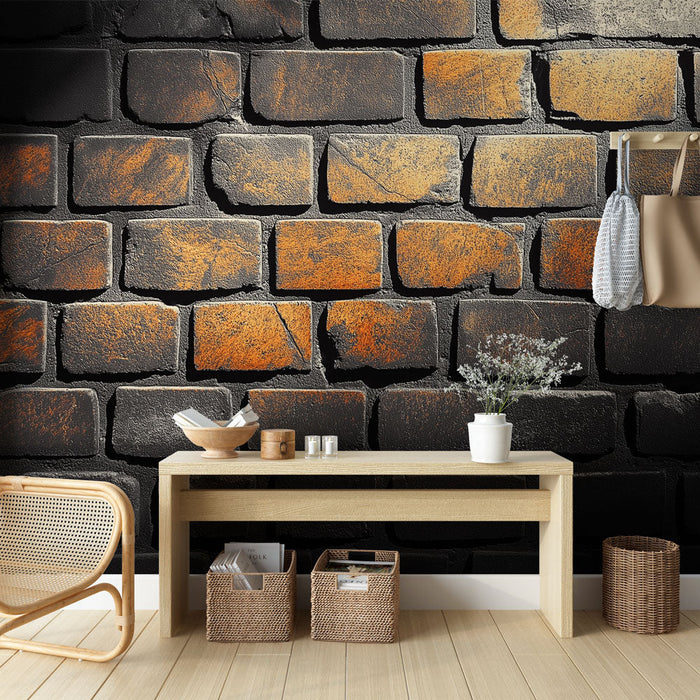 Mural Wallpaper black brick | Textured brick wall with rust shades