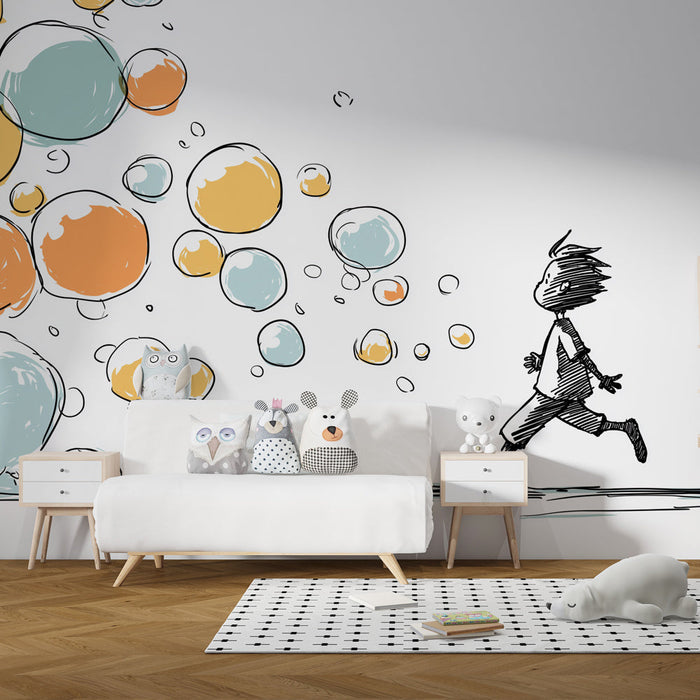 Tapet cu bule colorate | Un copil și un pisic se minunează printre bulele pline de bucurie