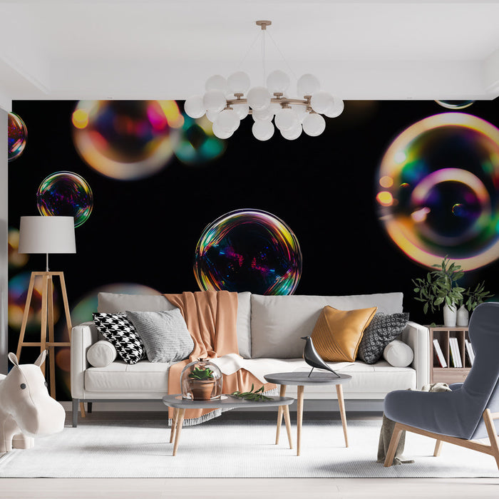 Papel pintado burbujas de jabón | Brillo colorido en fondo negro