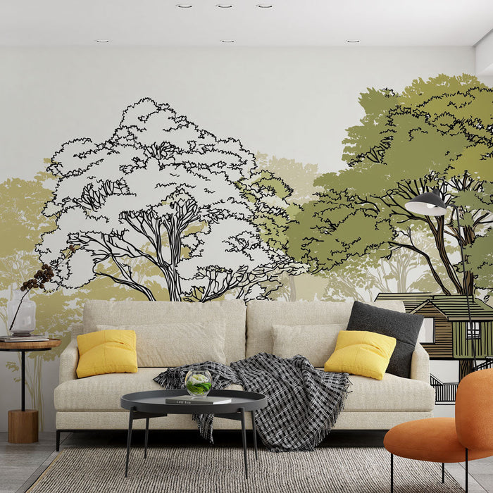 Fototapet ağaçların arasındaki kabin | Ağaçlar arasında asılı kabinlerin illüstrasyonları