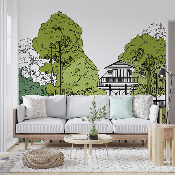 Fototapet drevesne hiše | Ilustracije pisanih drevesnih hiš, obkrožene z bujnim drevesjem