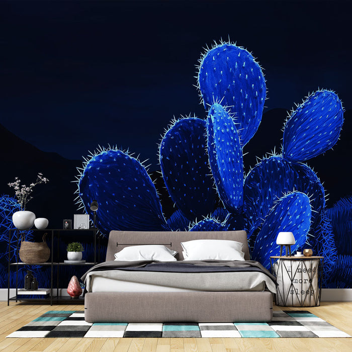 Mural Wallpaper blue cactus | Stylized cacti illuminated with a dynamic blue on a dark background