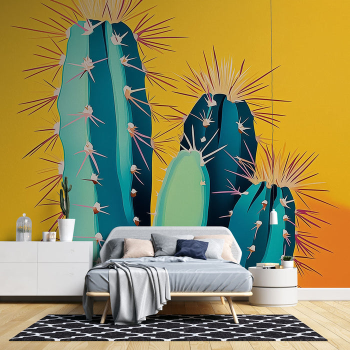 Mural Wallpaper cactus | Stylized cacti on bright yellow background