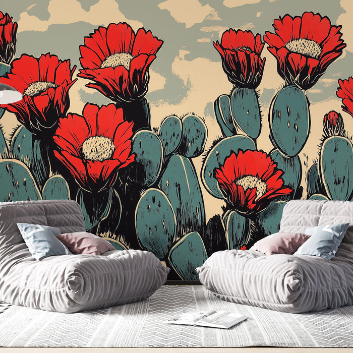 Mural Wallpaper cactus | Cactus with red flowers on pastel background