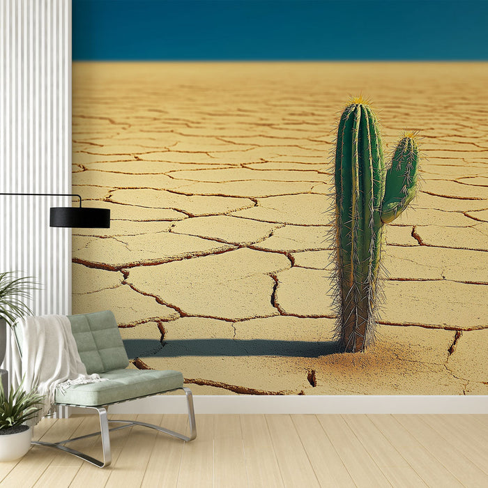 Foto Behang cactus | Lone cactus op gebarsten woestijngrond