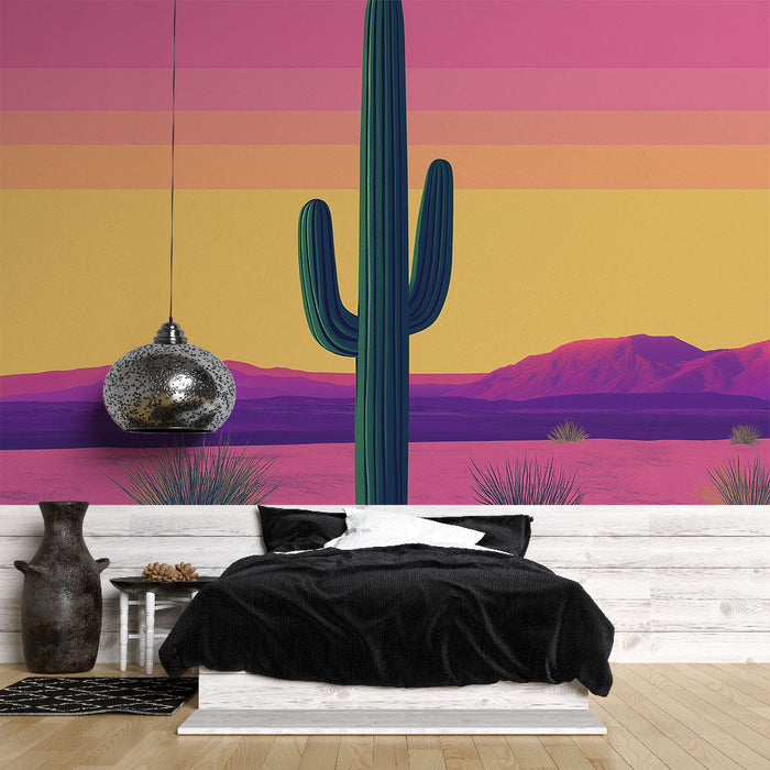 Mural Wallpaper cactus | Stylized cactus on a vibrant sunset background