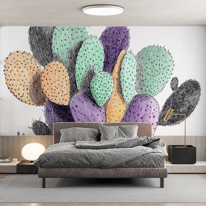 Papel pintado cactus colorido | Ilustración vibrante de cactus en tonos pasteles