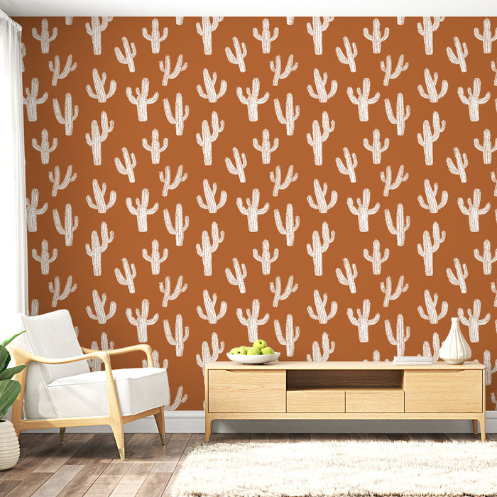 Tapeta z kaktusami | Projekt białych kaktusów na terakotowym tle
