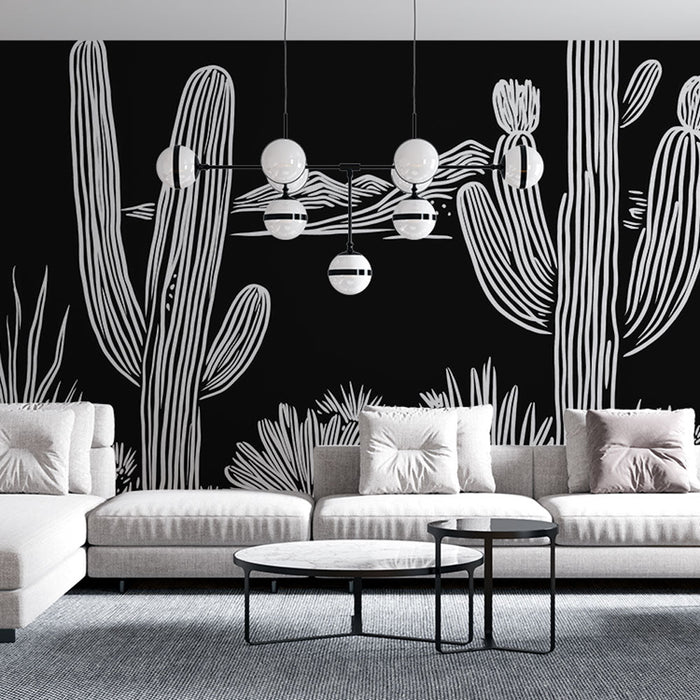 Carta da parati cactus | Design monocromatico di cactus su sfondo nero