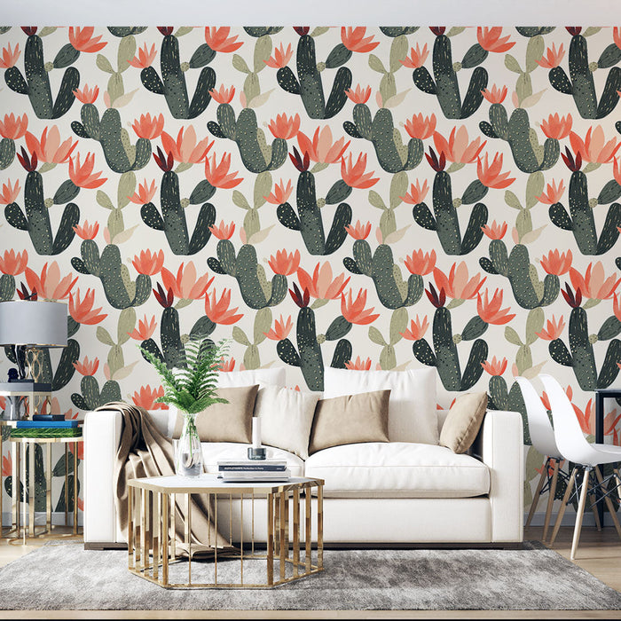 Tapete Kaktus und Blumen | Kaktusmuster mit bunten Blumen