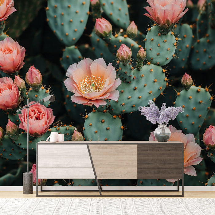 Fotobehang bloeiende cactus | Elegant patroon van cactus met roze bloemen