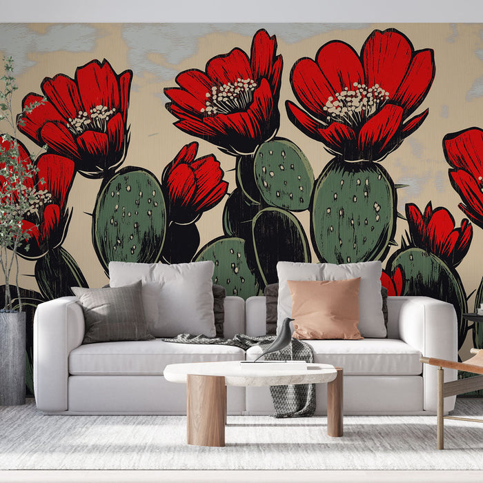 Mural Wallpaper cactus | Bright red flowers on a cactus texture