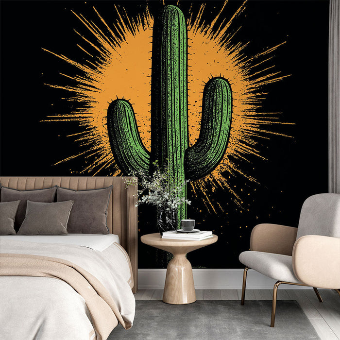 Papel pintado cactus | Ilustración estilizada de un cactus verde con un sol naranja