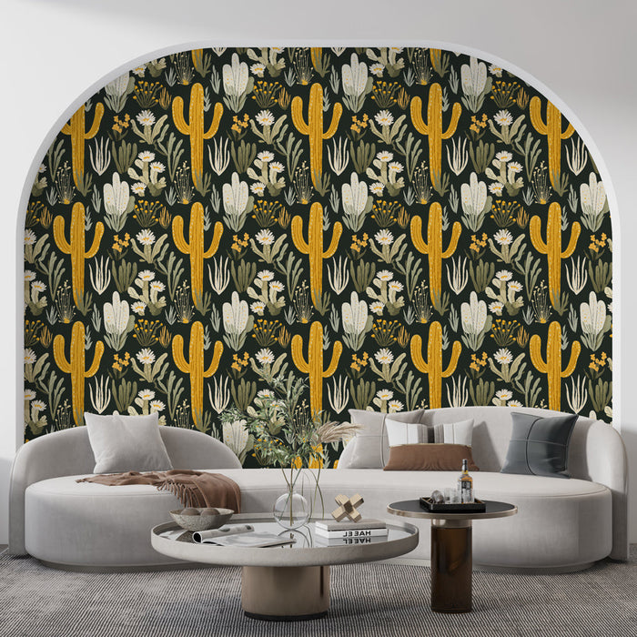 Mural Wallpaper cactus | Colorful cactus and flower pattern on a dark background