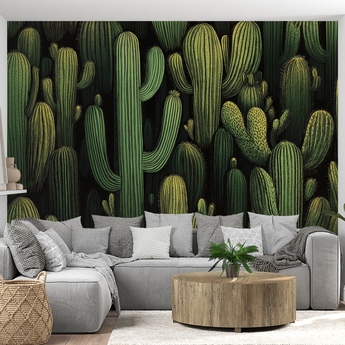 Mural Wallpaper cactus | Lush cactus pattern on dark background