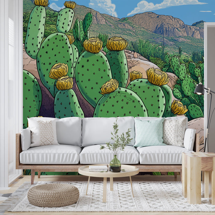 Mural Wallpaper cactus | Green cactus pattern with yellow flowers in a desert landscape