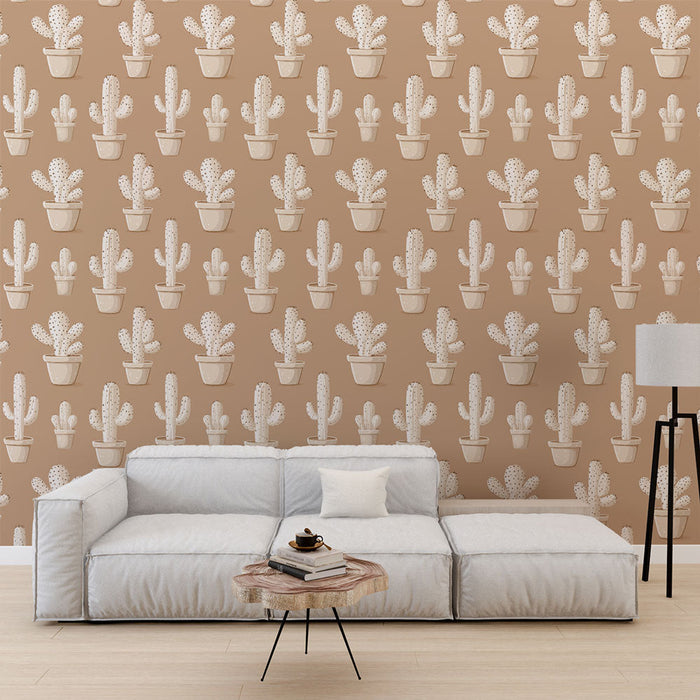 Tapeta s kaktusem | Opakující se motiv stylizovaných kaktusů v elegantních květináčích