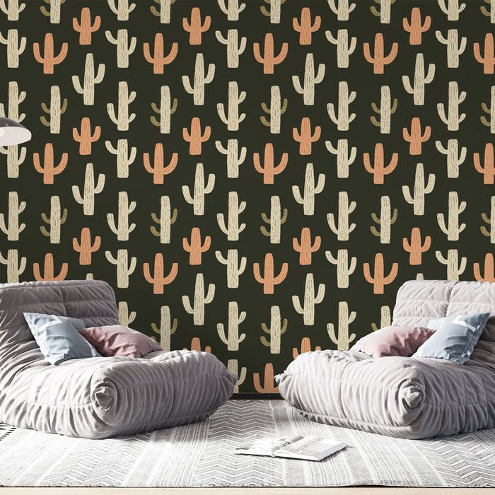 Fototapet kaktüs | Siyah arka plan üzerinde renkli kaktüs desenleri