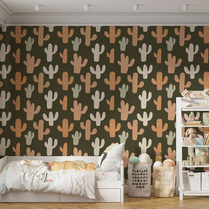 Carta da parati con cactus | Motivi colorati di cactus su sfondo scuro