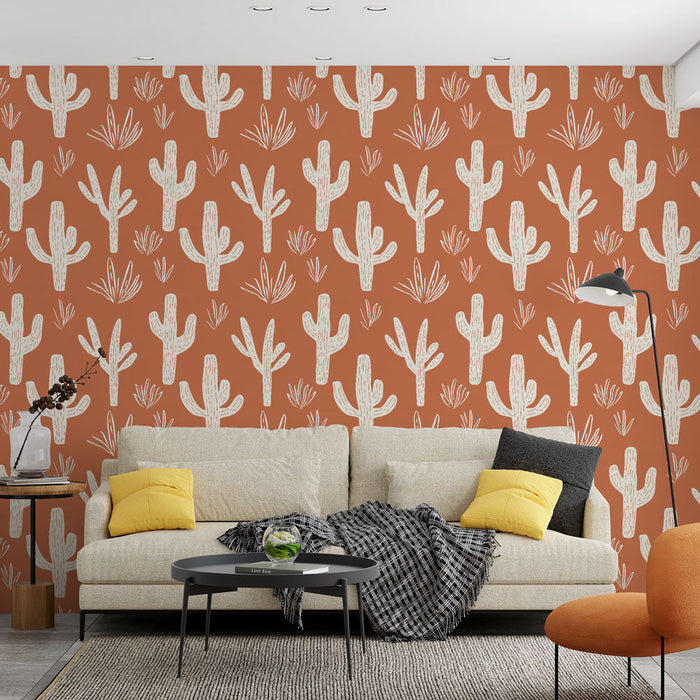 Foto Behang cactus | Cactuspatronen op terracotta achtergrond