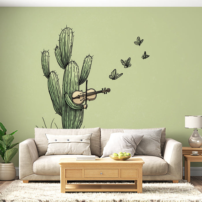 Tapeta kaktusowy muzyk | Kaktus grający na skrzypcach otoczony motylami