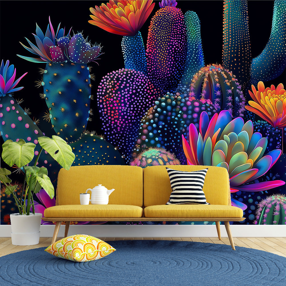 Colorful Cactuses Floral Wallpaper, Cactus Flowers Wall store Mural, Easy Removable, Peel and Stick, Living Room Wall Decor