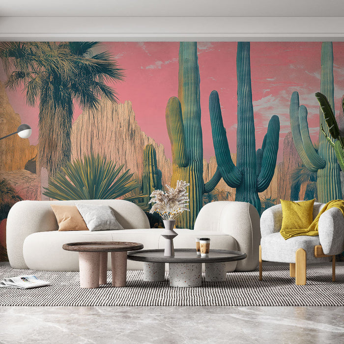 Mural Wallpaper cactus | Colorful landscape of cacti under a pink sky