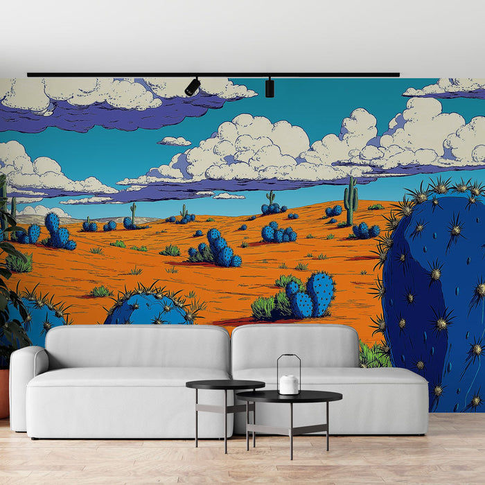 Mural Wallpaper cactus | Colorful desert landscape with blue cacti