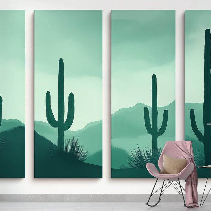 Ταπετσαρία τοίχου με κάκτο | Ερημικό τοπίο σε χαλαρωτικές αποχρώσεις του πράσινου