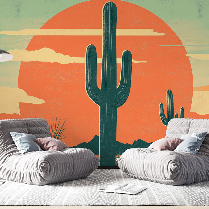 Mural Wallpaper cactus | Silhouette of cactus under a colorful sky at sunset