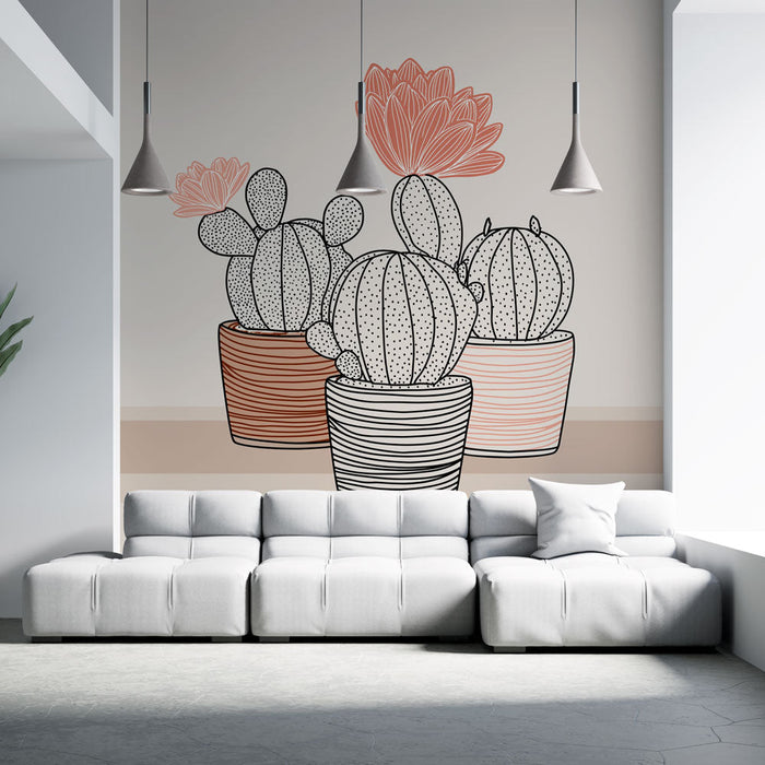 Mural Wallpaper cactus | Trio of stylized cacti with delicate flowers