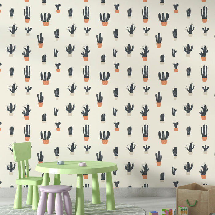 Tapeta s kaktusem | Hrávý vzor květináčů s kaktusy na světlém pozadí
