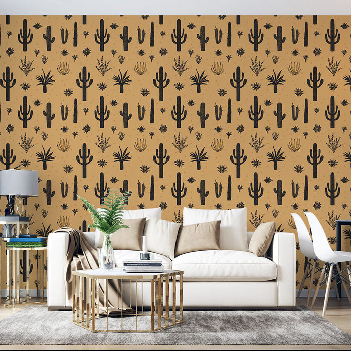 Tapeta kaktus | Živý vzor kaktusu na oranžovém pozadí
