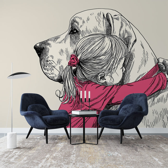 Foto Behang dierenknuffel | Illustratie van een kind dat een majestueuze hond knuffelt