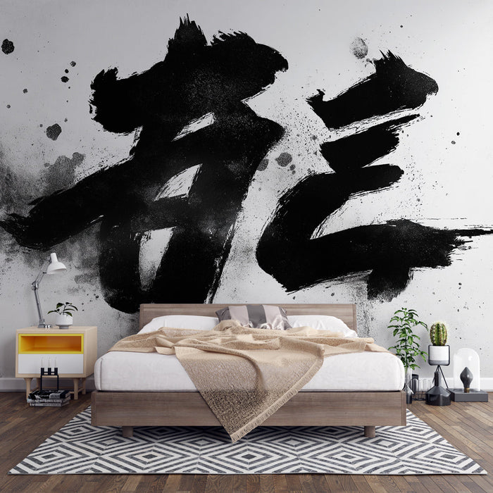 Mural Wallpaper Japanska kaligrafija | Crni natpisi na sivoj pozadini
