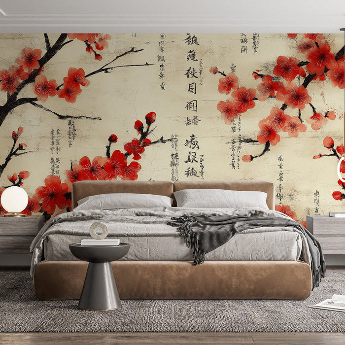 Фототапет Японска калиграфия | Черешови цветове и стар пергамент