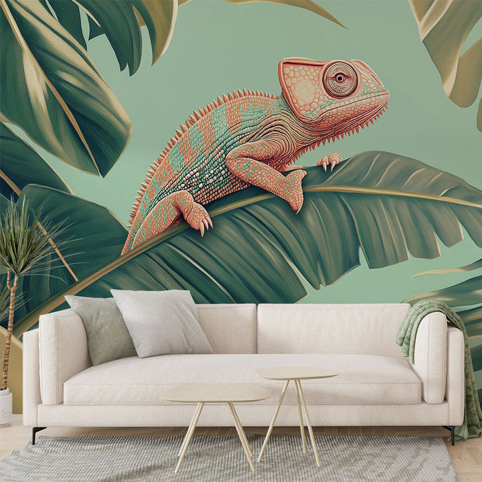 Fototapet kameleon | Kameleon med livlige farger på en tropisk bakgrunn