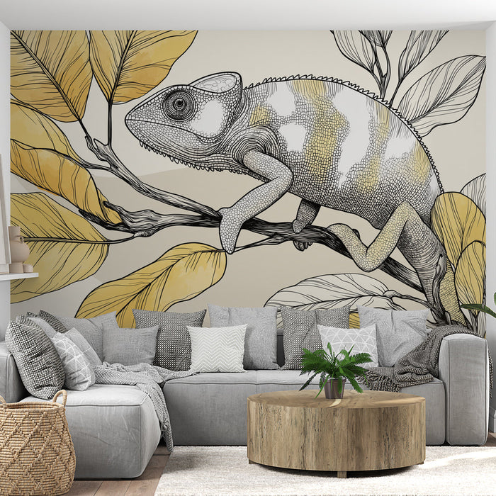 Mural Wallpaper chameleon | Chameleon on a branch adorned with yellow leaves
