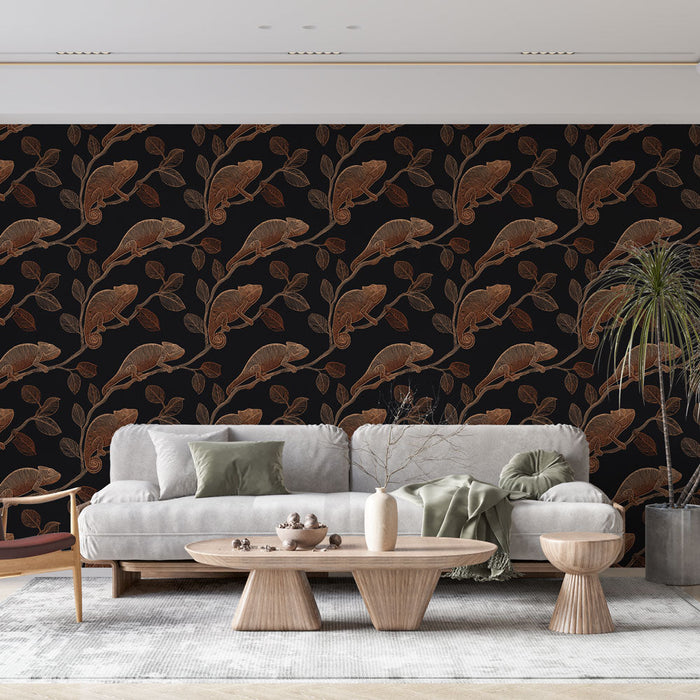 Mural Wallpaper chameleon | Elegant chameleon pattern on a black background