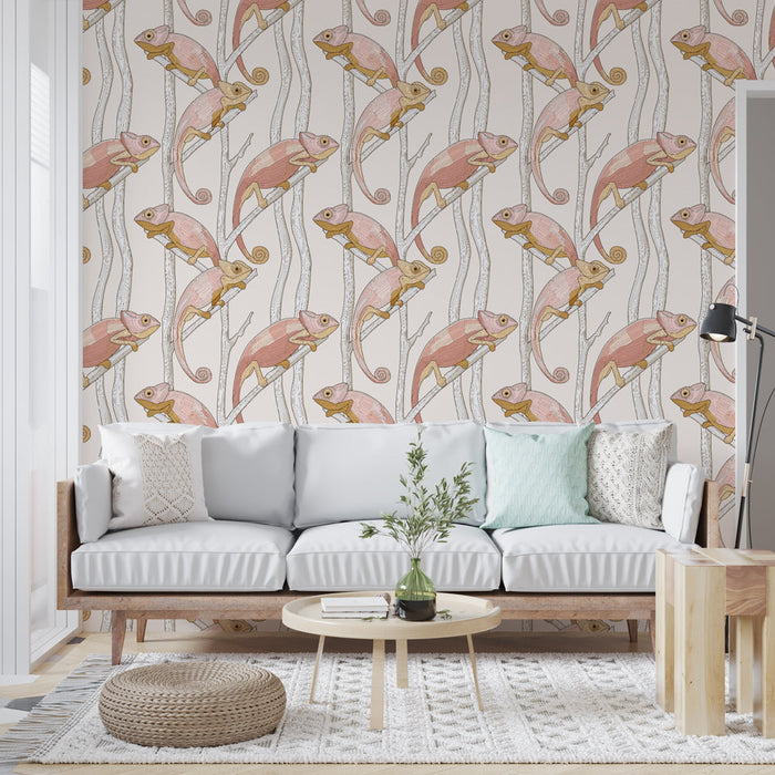 Mural Wallpaper chameleon | Pink chameleon patterns and delicate stems