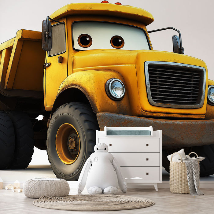 Mural Wallpaper cartoon dump truck | Yellow truck with big eyes for children