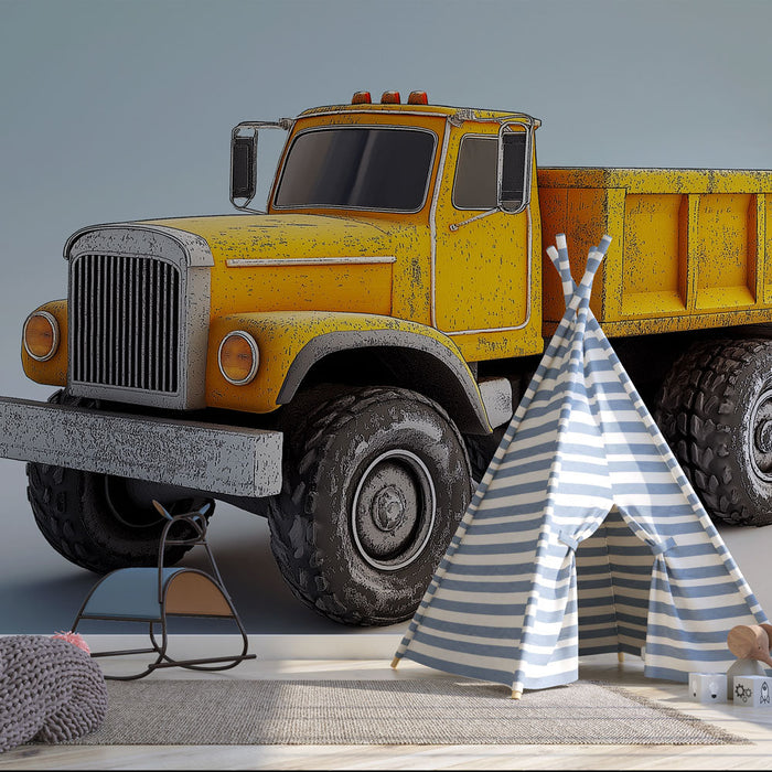 Tapete vintage-dump-truck | Gelber Lkw mit rustikalen und robusten Details