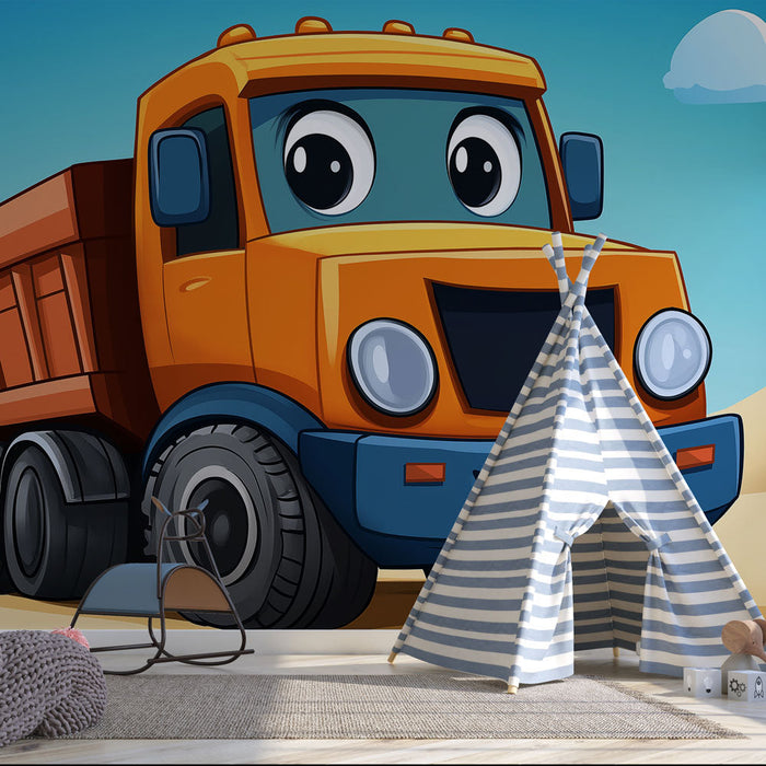 Tapeta truck | Barevný kreslený stavební náklaďák na poušti