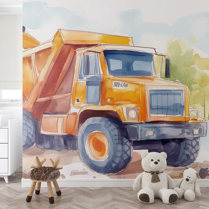 Tapete construction-truck | Aquarell-Illustrationen eines orangefarbenen Baufahrzeugs