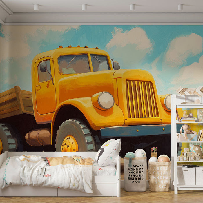 Fototapet yellow truck | Vintage truck på solfylt landevei