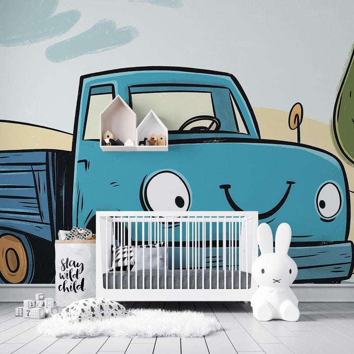 Papel pintado cute truck | Ilustración de un camión azul sonriente en la carretera